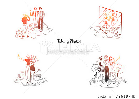 Taking photos - people making photos and selfie in gym and outdoors vector concept set 73619749
