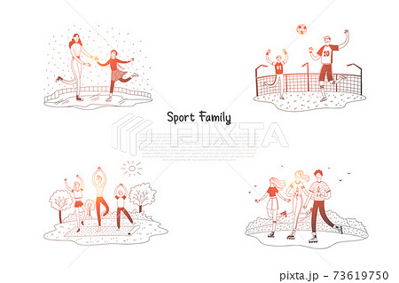 Sport family - family skating, playing football, doing yoga, roller skating together vector concept set 73619750
