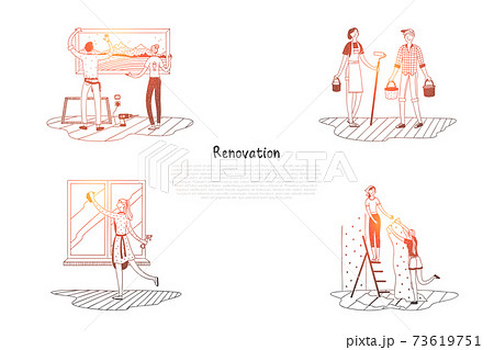 Renovation - people cleaning and decorating their apartments vector concept set 73619751