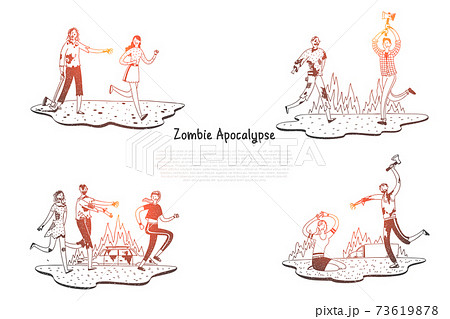 Zombie apocalypse - zombies scarying and fighting with people vector concept set 73619878
