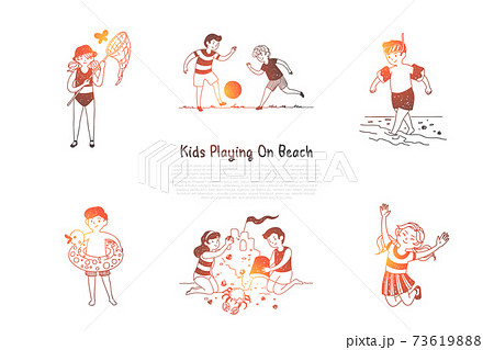 Kids playing on beach - children making figures from sand, catching butterflies, playing with ball, jumping, swimming vector concept set Kids playing on beach - children making figures from sand, catching butterflies, playing with ball, jumping, swimming vector concept set 73619888