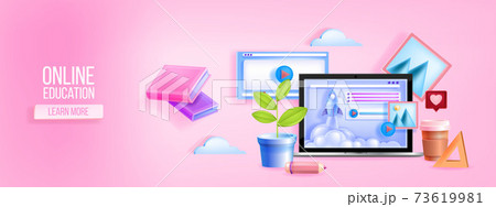 Online studying, digital school, classes, education training, e-learning vector laptop web banner  73619981