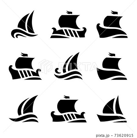 set icons of historic sailboats in sea 73620915