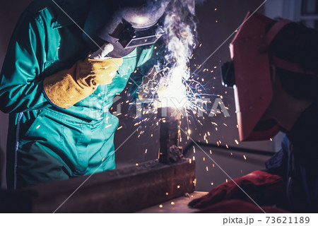 Metal welding steel works using electric arc welding machine Metal welding steel works using electric arc welding machine 73621189