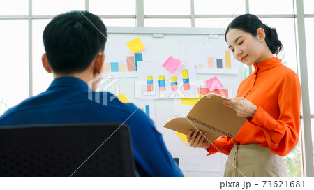Young woman explains business data on white board Young woman explains business data on white board 73621681
