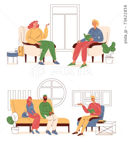 People during psychotherapist consultation session. Vector vibrant characters talking in cozy interiors 73622856