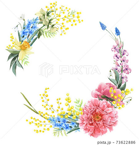 Beautiful floral wreath with watercolor hand drawn gentle summer flowers. Stock illustration. 73622886