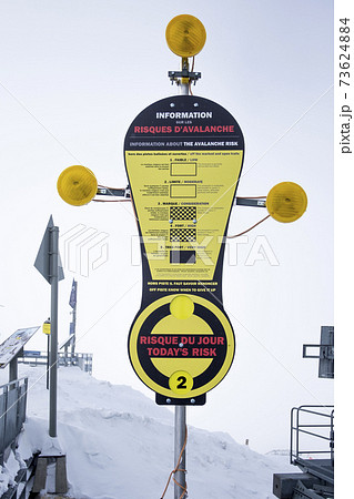 Sign indicating the risk of avalanches in the skiing area of the three valley's, Meribel, the French Alps Sign indicating the risk of avalanches in the skiing area of the three valley's, Meribel, the French Alps 73624884