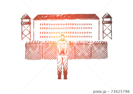 Prisoner in handcuffs standing outside jailhouse, jail break attempt, building with metal fence, watchtowers Prisoner in handcuffs standing outside jailhouse, jail break attempt, building with metal fence, watchtowers 73625796