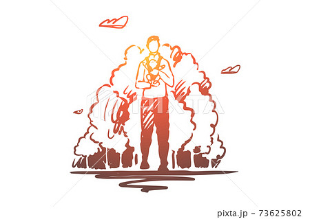 Father with toddler in front baby carrier, dad and child on outdoor stroll, man with kangaroo bag 73625802