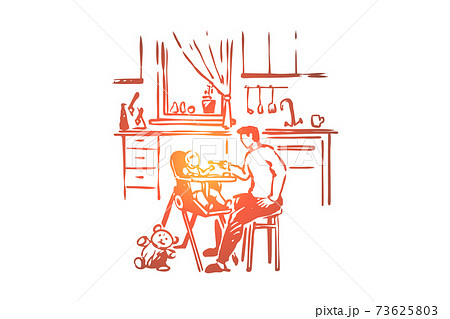 Man feeding child, parent holding spoon, toddler sitting in high chair, baby food, parent and infant at kithcen 73625803