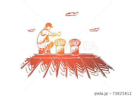 Handyman on rooftop, repairman in overalls checking air conditioning, ventilation system Handyman on rooftop, repairman in overalls checking air conditioning, ventilation system 73625812