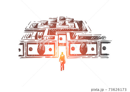 Businessman entering money maze, stock market trading metaphor, cash labyrinth, difficult business challenge 73626173