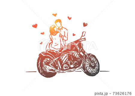 Young couple on date outdoors, girlfriend and boyfriend with motorcycle, amorous relationship 73626176