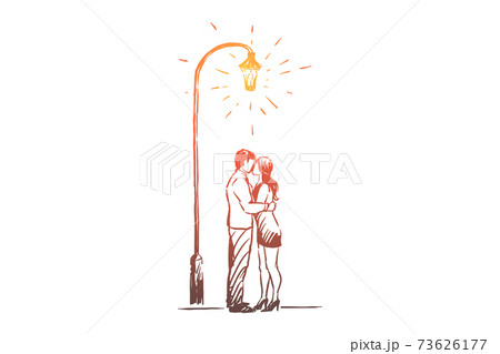 Man and woman on date in park, romantic evening, valentine day celebration, happy couple hug, late walk 73626177