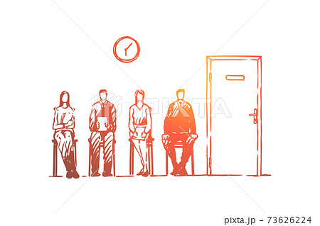 Job interview queue, men and women in formal clothes sitting in hallway, people waiting in corridor 73626224