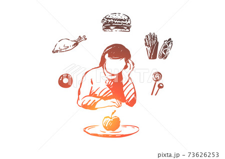 Unhappy lady dreaming about fast food, young woman looking at apple, healthy nutrition 73626253
