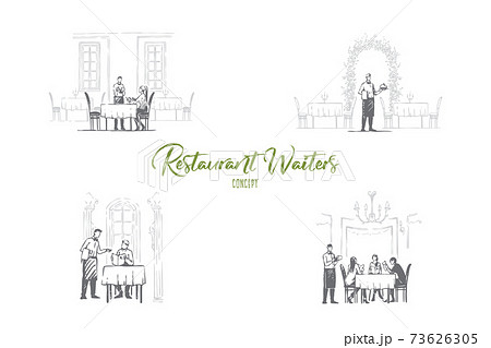 Restaurant waiters - waiters in restaurants getting orders and bringing food vector concept set 73626305