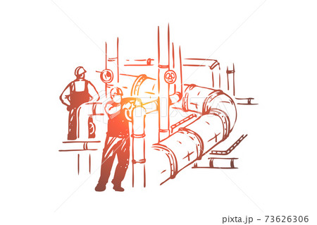 Men working on pipeline, safety check, workers in hard hats, maintenance business, petroleum refinery 73626306
