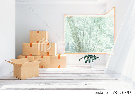 ダンボール箱が置かれた新築の部屋の3Dイラスト 73626392