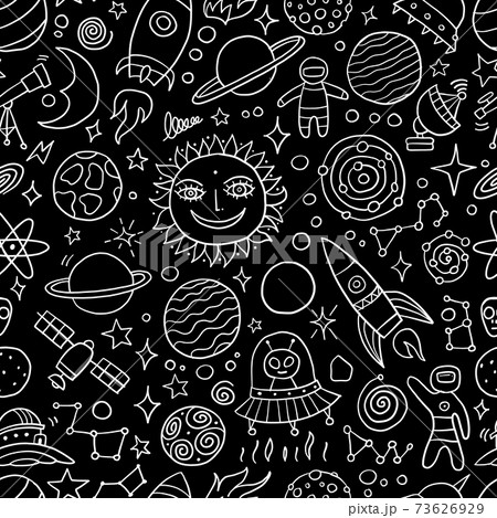 Space Background. Planets of the solar system. Rockets and astronauts. Seamless Pattern for your design 73626929