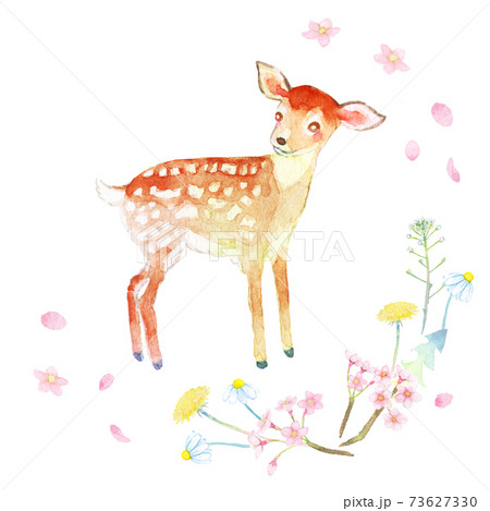 水彩画セット素材 微笑む子鹿のイラストと春の草花装飾枠のセットのイラスト素材