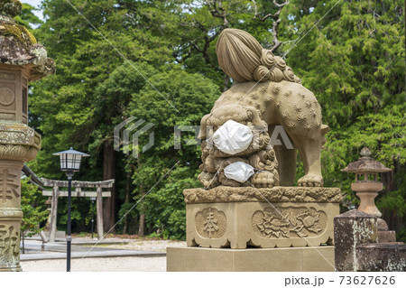 新型コロナでマスクをした狛犬の親子 新型コロナでマスクをした狛犬の親子 73627626