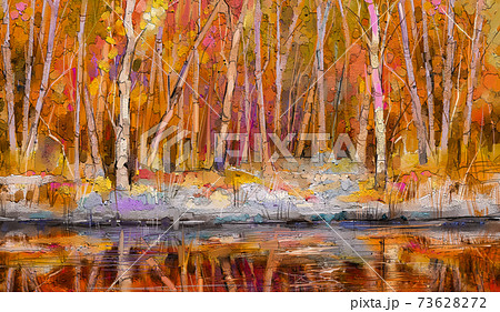 Oil painting colorful autumn trees. Semi abstract image of forest, aspen trees with yellow - red leaf and lake. Autumn, Fall season nature background. Hand Painted Impressionist, outdoor landscape 73628272