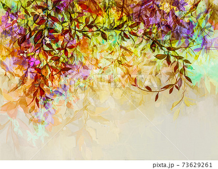 Abstract oil painting of colorful flower with orange, red, yellow leaf. Illustration hand painted, nature of fall, autumn season. Paint design for natural wallpaper. Vintage floral color background 73629261