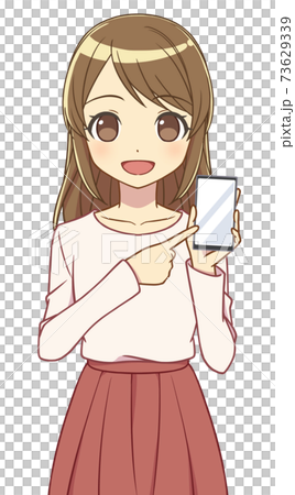 一個女人指著智能手機的屏幕 73629339