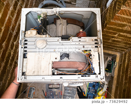 disassembling an old washing machine at home disassembling an old washing machine at home 73629492