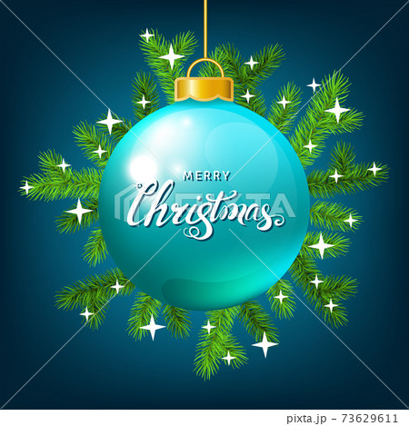 Christmas ball  with spruce branch,  lettering on blue  background. 73629611