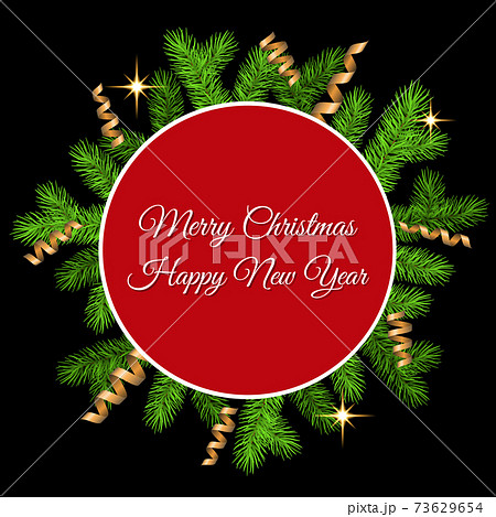Christmas card with spruce branch, golden serpentine, flash and lettering. Christmas card with spruce branch, golden serpentine, flash and lettering. 73629654