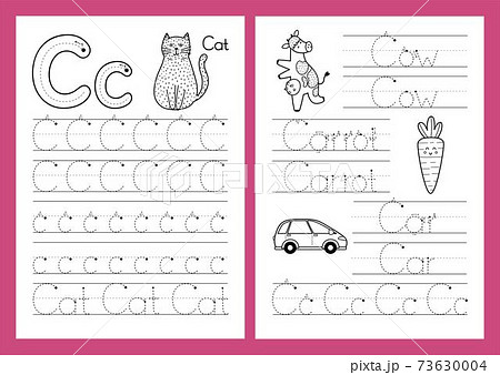 Letter C. Tracing practice worksheet set. Learning alphabet activity page 73630004