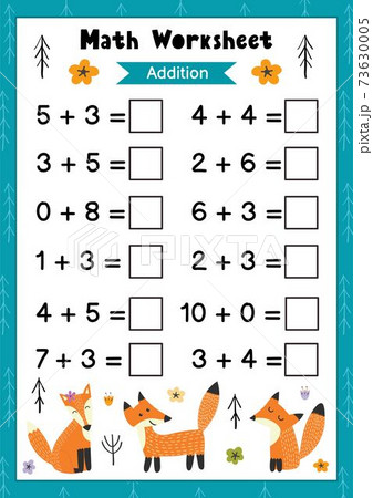 Math worksheet for kids. Addition. Mathematic activity page with cute foxes 73630005