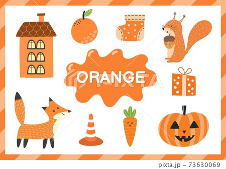 Orange. Educational worksheet for kids. Learning the color orange set 73630069