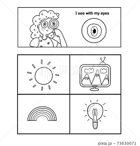 Five senses poster. Sight sense presentation page for kids. Great for activity book Five senses poster. Sight sense presentation page for kids. Great for activity book 73630071