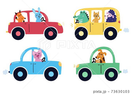 Cute Animals Driving In Cars Clipart Set のイラスト素材