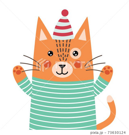 Cute ginger cat in pajamas says hello. Feline character isolated element Cute ginger cat in pajamas says hello. Feline character isolated element 73630124