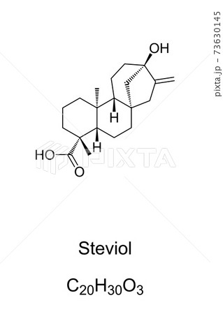 Steviol, chemical formula and skeletal structure. A diterpene, first isolated from the plant Stevia rebaudiana, used as a sweetener and as a sugar substitute. Isolated illustration over white. Vector. Steviol, chemical formula and skeletal structure. A diterpene, first isolated from the plant Stevia rebaudiana, used as a sweetener and as a sugar substitute. Isolated illustration over white. Vector. 73630145