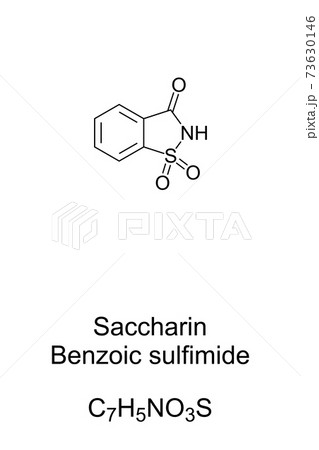 Saccharin, benzoic sulfimide, chemical formula and skeletal structure. Artificial sweetener with no food energy. Code 954. 304 to 400 times sweeter than table sugar. Illustration over white. Vector. 73630146