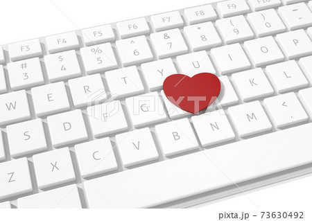 White computer keyboard button with red heart sign symbol 3d rendering. 3d illustration Internet dating of Love and Valentines Day greeting card template minimal concept. 73630492