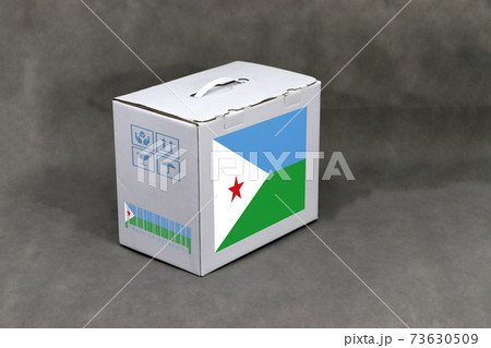 Djibouti flag on white box and nation flag barcode with fragile symbol. Djibouti flag on white box and nation flag barcode with fragile symbol. 73630509