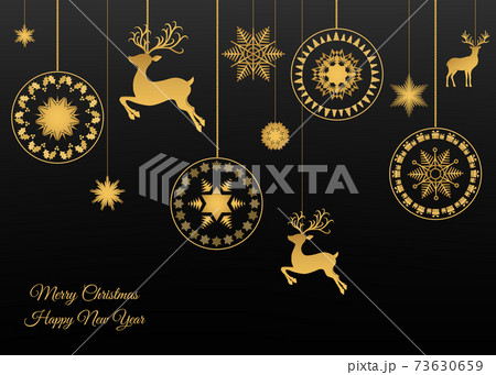 Gold Xmas ball, reindeer and  snowflakes background. 73630659