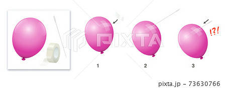 Balloon with adhesive strips that does not burst when stung by a needle. Astonishing physical experiment, amazing magic trick, surprising fun. Vector on white. 73630766