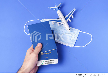 Vaccination passport with green check mark, risk-free travel certificate concept 73631088