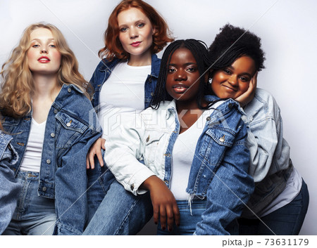 diverse multi nation girls group, teenage friends company cheerful having fun, happy smiling, cute posing isolated on white background, lifestyle people concept, african-american, asian and caucasian 73631179