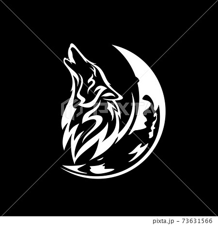 howling wolf and moon crescent black and white vector silhouette 73631566