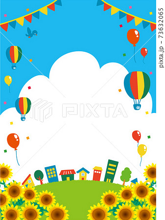 気球と風船が飛んでいる夏の青空と街並みとひまわり畑のイラスト 縦のイラスト素材