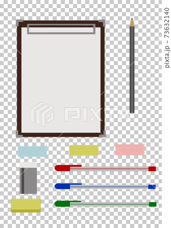 ビジネスや教育機関などで使える バインダーや付箋 鉛筆や消しゴム ボールペンなどの文房具セットのイラスト素材